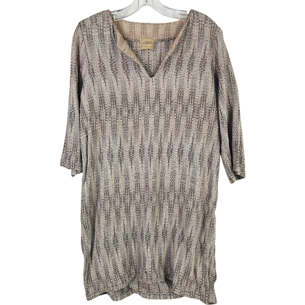 Vintage LINI Women's Knit Tunic Sweater Dress 3/4 Sleeve Earth Tone Pattern Wool